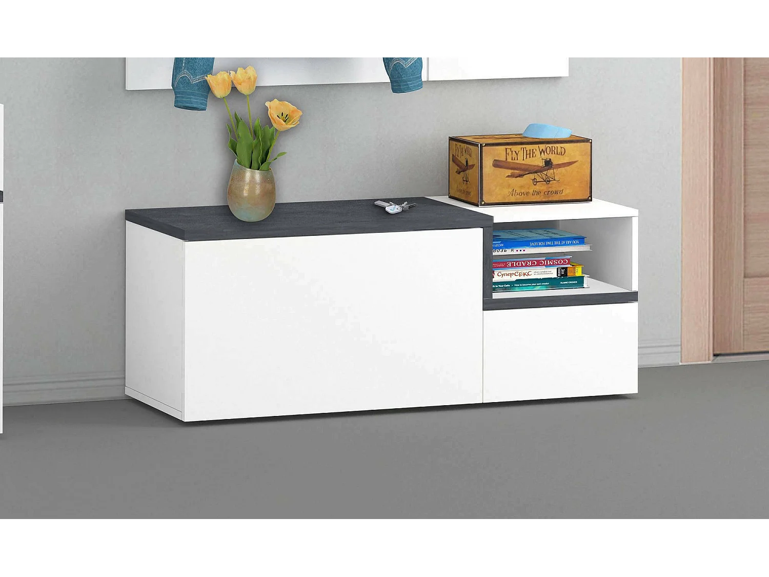 Mueble de entrada Flavio, Entrada multifunción moderna, Taquilla multiusos para recibidor, 100% Made in Italy, 120x40h54 cm, Blanco brillo y pizarra
