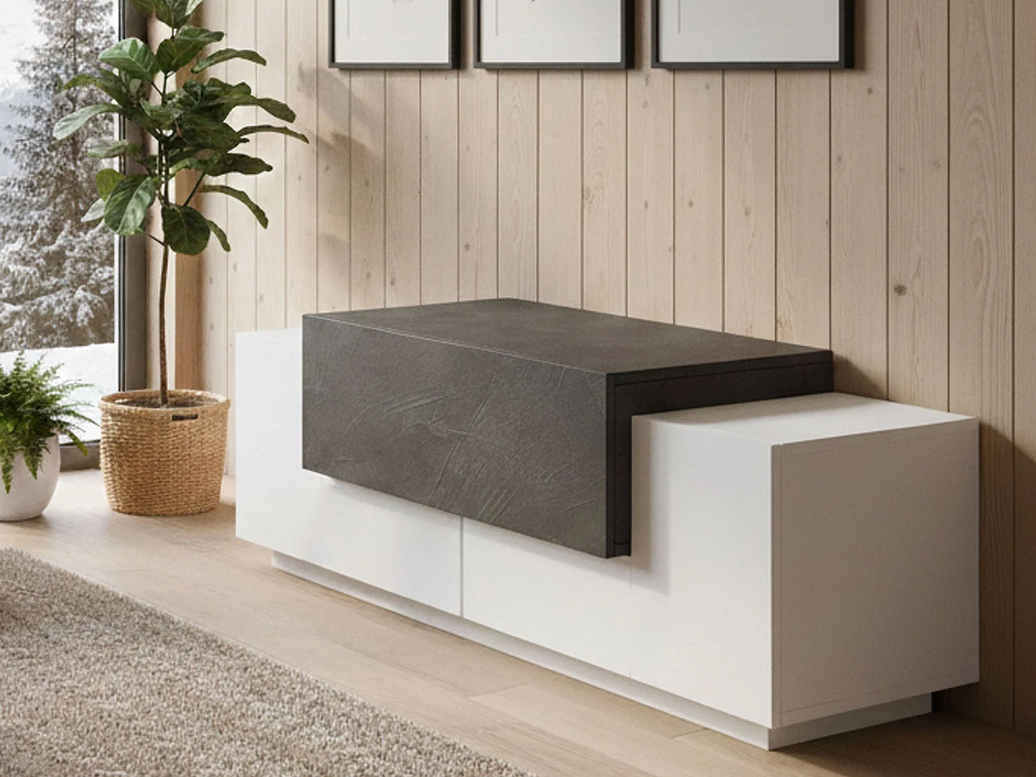 Dmora Dressoir Mirco 45x120x46h cm Wit Glanz 3 Kleppen, Buffetkast 3 Vakken Gemaakt in Italië