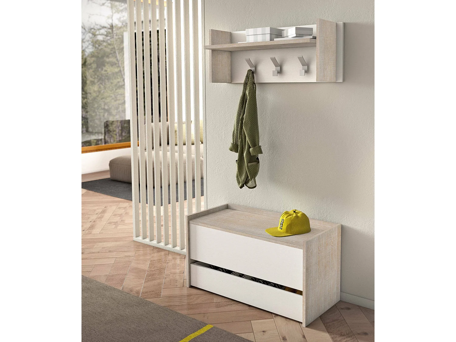 Commode Lantana, Meuble d'entrée moderne avec étagère à chaussures, Coffre avec deux conteneurs, 100% Made in Italy, 90x40h46 cm, Blanc et Chêne