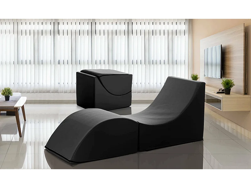 Cama dobrável Andreina, Pufe conversível em cama de solteiro, Chaise longue em couro ecológico, 100% Fabricado na Itália, 130x50h50 cm, Preto