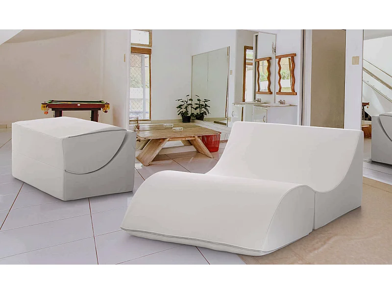 Letto pieghevole Annabella, Pouf trasformabile in letto matrimoniale, Chaise longue in ecopelle, 100% Made in Italy, 100x200h70 cm, Bianco