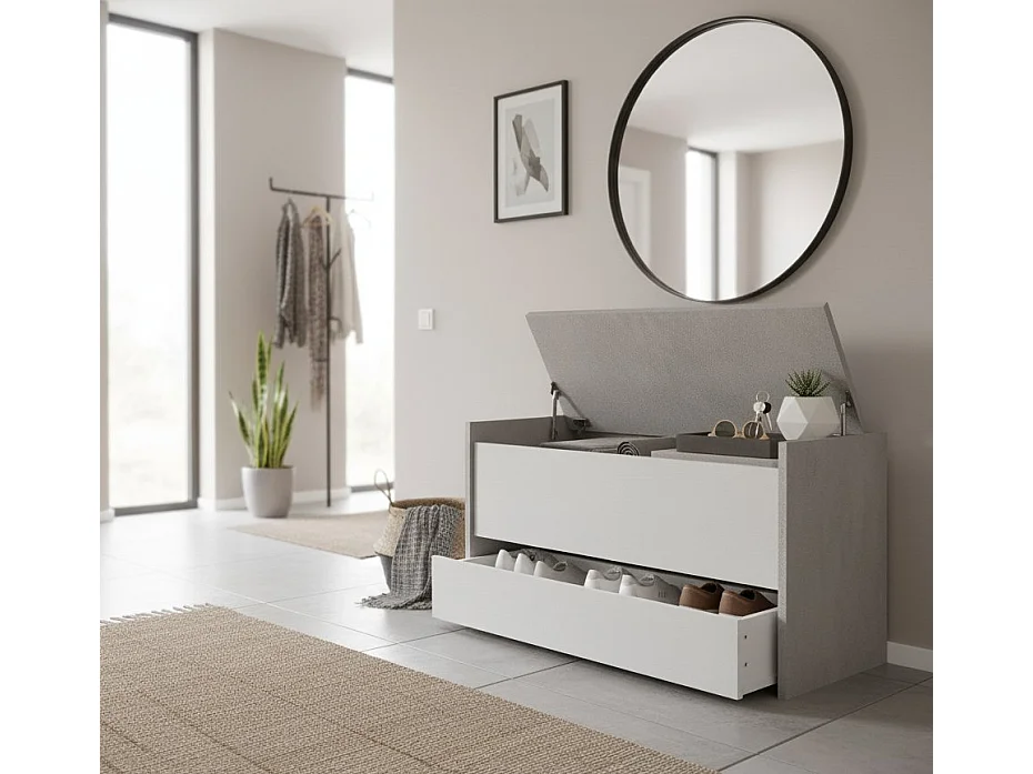 Commode Lantana, Meuble d'entrée moderne avec étagère à chaussures, Coffre avec deux conteneurs, 100% Made in Italy, 90x40h46 cm, Blanc et Ciment