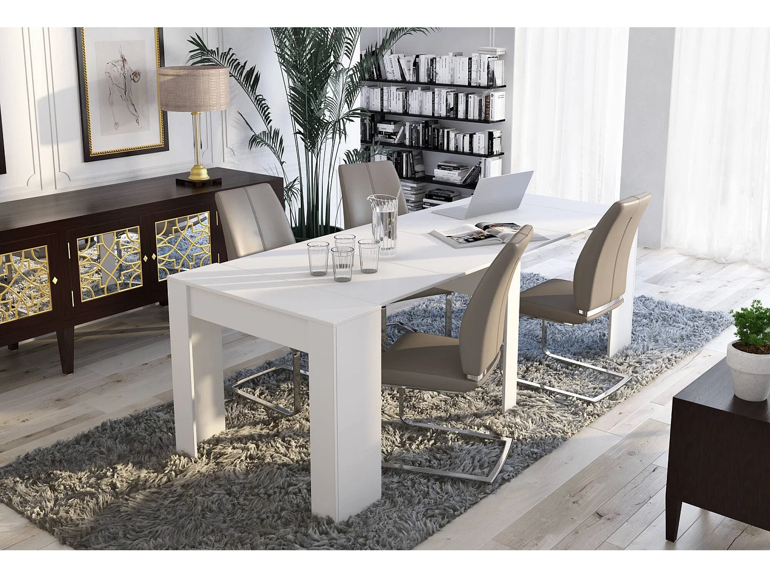 Alberique uitschuifbare console, Tafel met verlengstukken, Multifunctionele console, Uitschuifbare eettafel tot 10 zitplaatsen, 90/237x51h78 cm, Wit