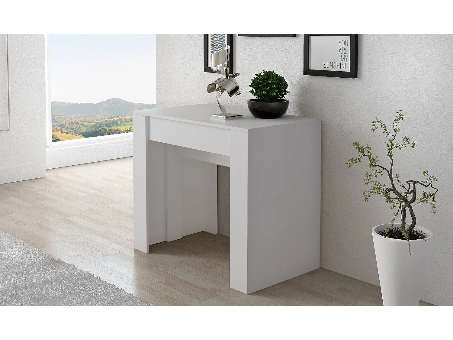 Consolle allungabile Alberique, Tavolo con allunghe, Consolle multiuso, Tavolo da pranzo estensibile fino a 10 posti, 90/237x51h78 cm, Bianco