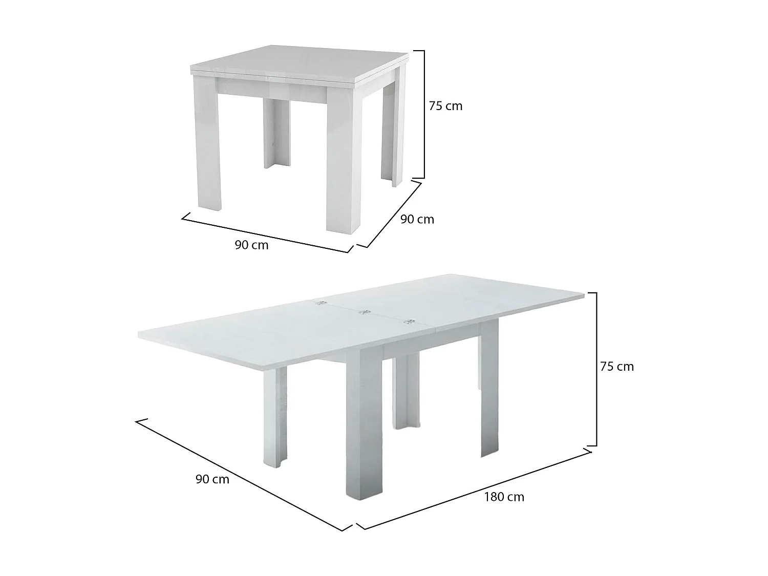 Dmora Uitschuifbare Tafel Otto 90x90x75 cm, Glanzend Wit, 8 Zitplaatsen, Uitklapsysteem Made in Italy