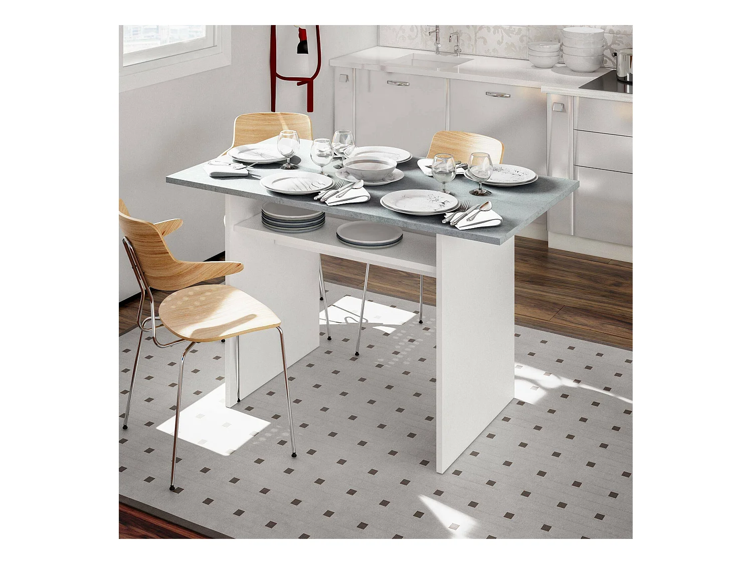 Mesa extensible Garland, Estante extensible con apertura abatible, Mesa consola auxiliar plegable, 120x35h77 cm, Blanco y Cemento