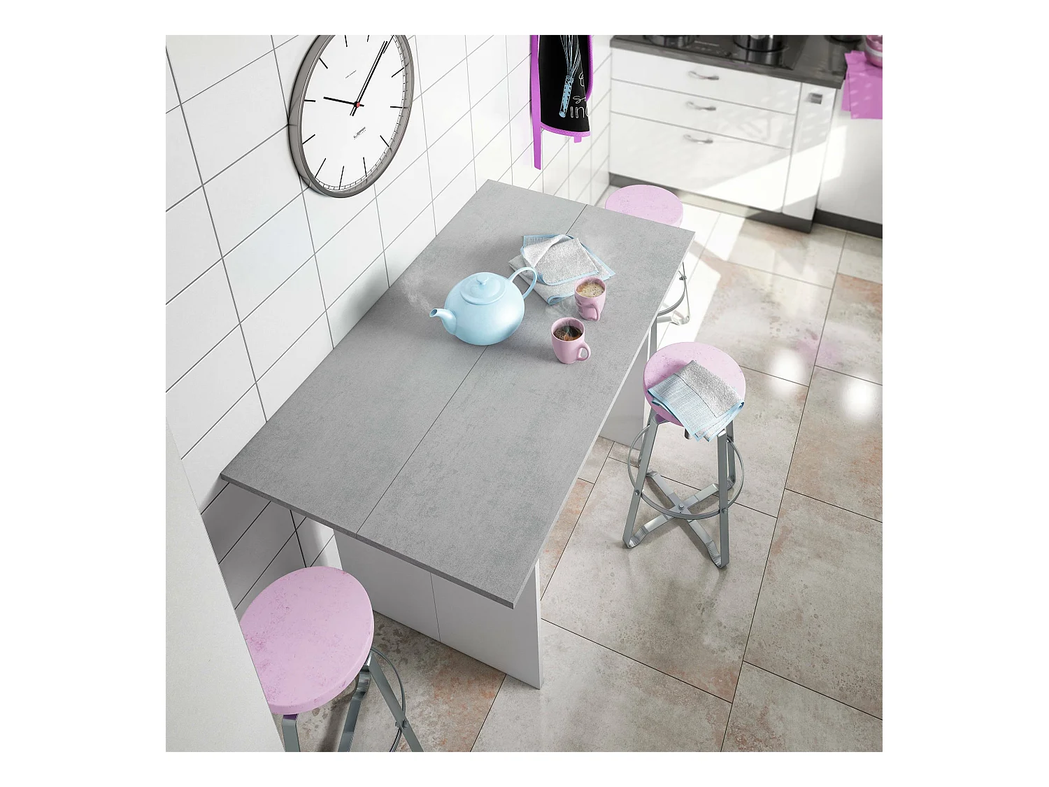 Mesa extensible Garland, Estante extensible con apertura abatible, Mesa consola auxiliar plegable, 120x35h77 cm, Blanco y Cemento