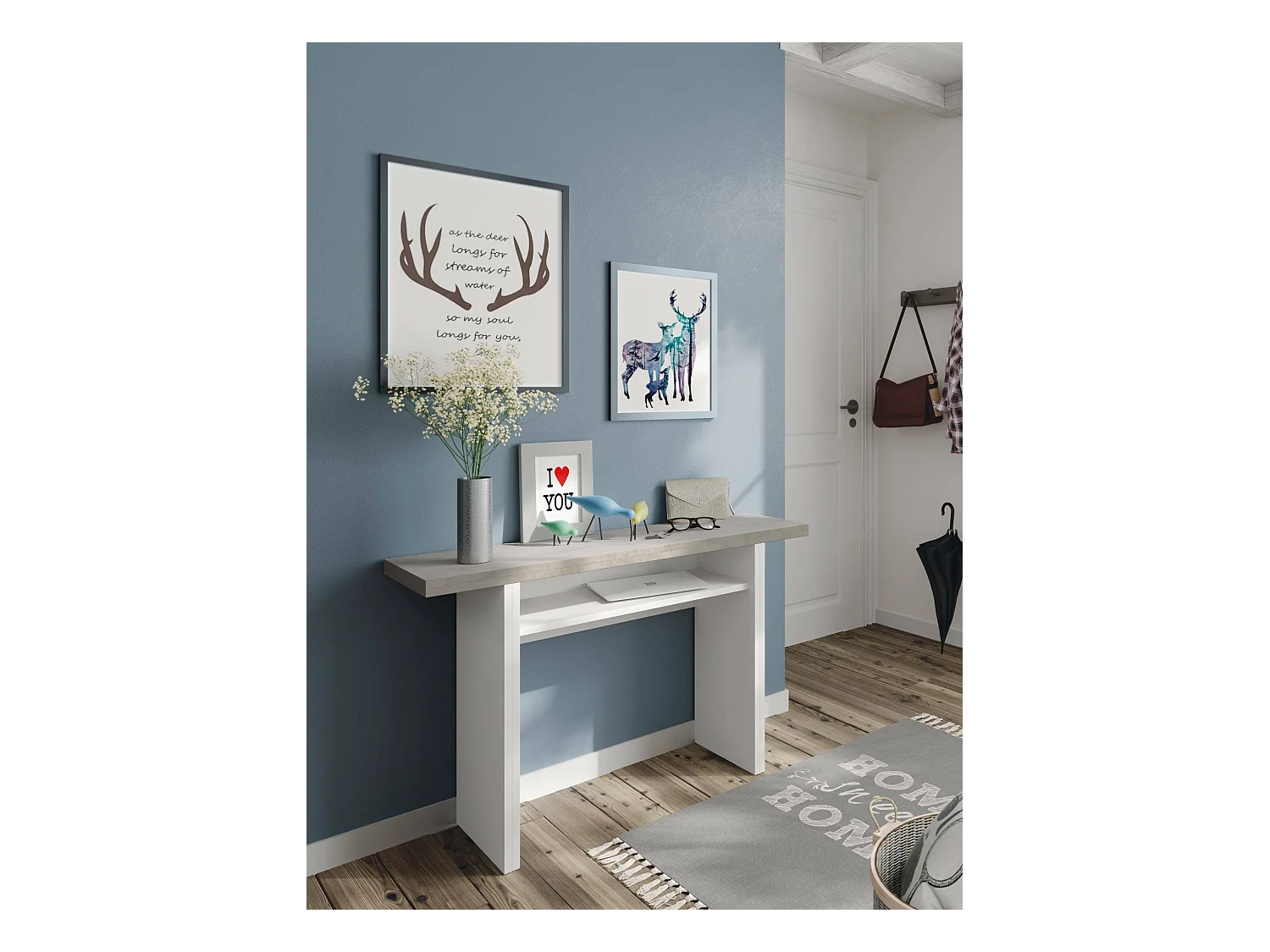 Mesa extensible Garland, Estante extensible con apertura abatible, Mesa consola auxiliar plegable, 120x35h77 cm, Blanco y Cemento