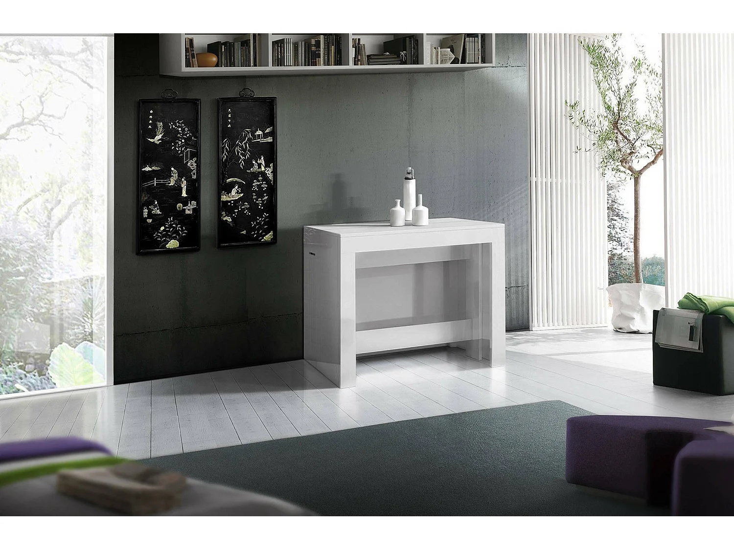 Consola extensível Martino, Consola extensível até 12 lugares, Mesa com suportes de extensão, 100% Fabricado em Itália, 51/300x90h77 cm, Branco brilhante