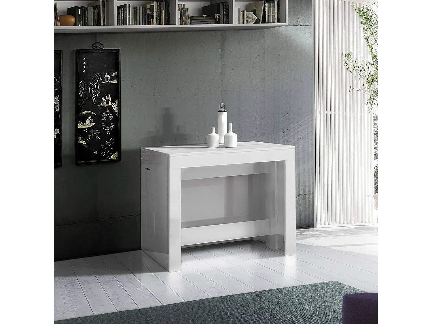 Consola extensível Martino, Consola extensível até 12 lugares, Mesa com suportes de extensão, 100% Fabricado em Itália, 51/300x90h77 cm, Branco brilhante