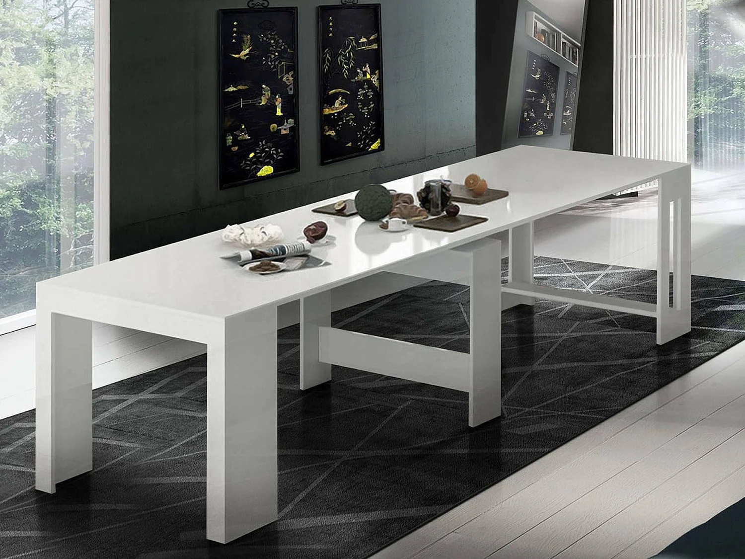 Consola extensível Martino, Consola extensível até 12 lugares, Mesa com suportes de extensão, 100% Fabricado em Itália, 51/300x90h77 cm, Branco brilhante