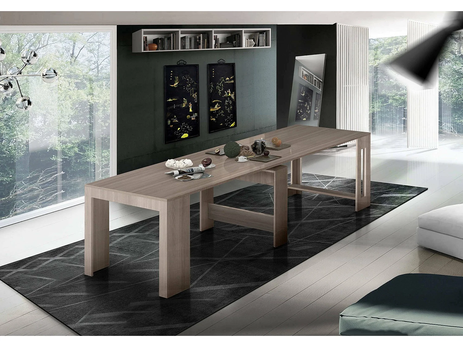 Martino uitschuifbare console, Uitschuifbare console tot 12 zitplaatsen, Tafel met verlenghouders, 100% Made in Italy, 51/300x90h77 cm, Pearl iep