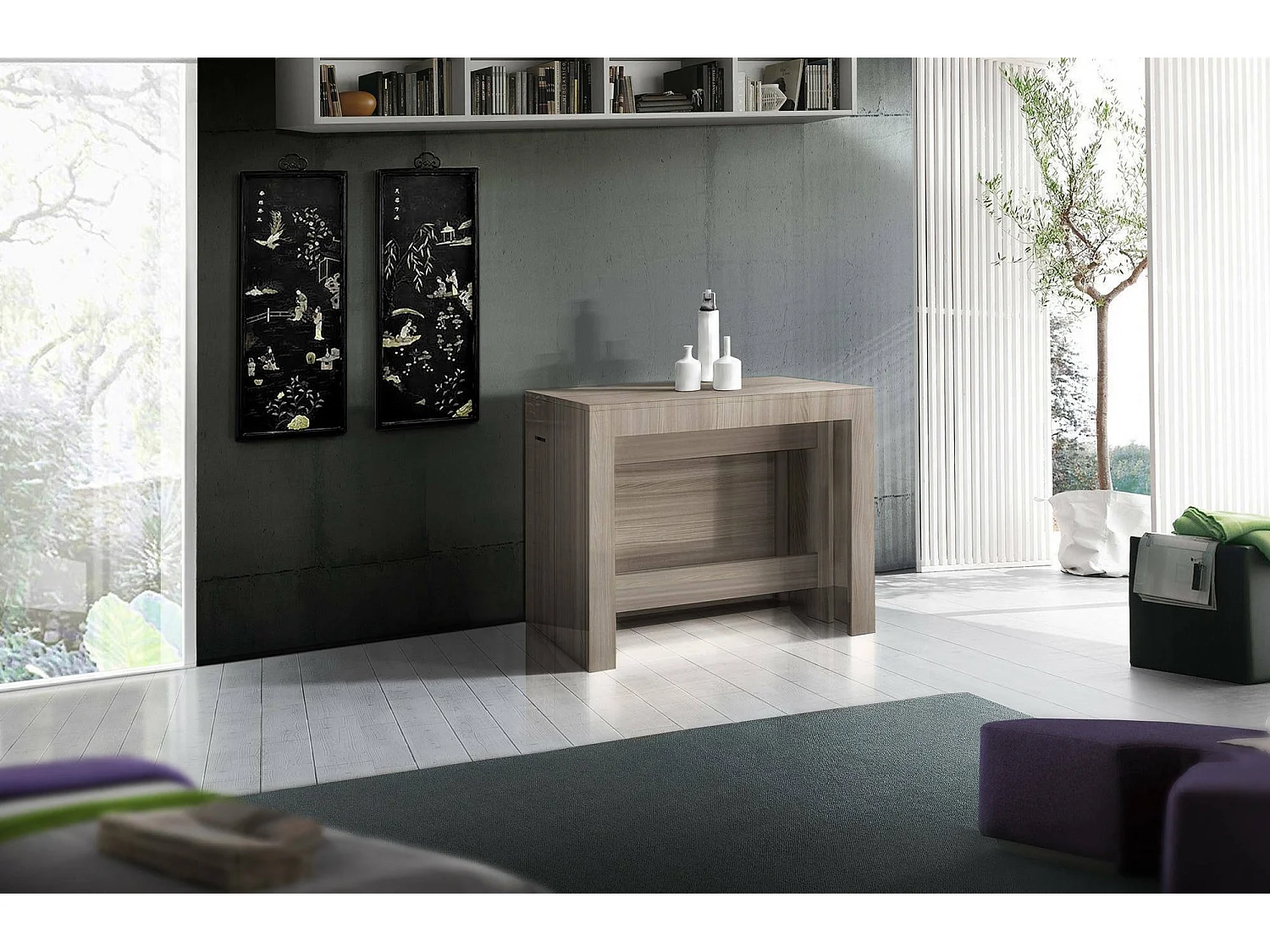 Consola extensível Martino, Consola extensível até 12 lugares, Mesa com suportes de extensão, 100% Fabricado em Itália, 51/300x90h77 cm, Olmo pérola