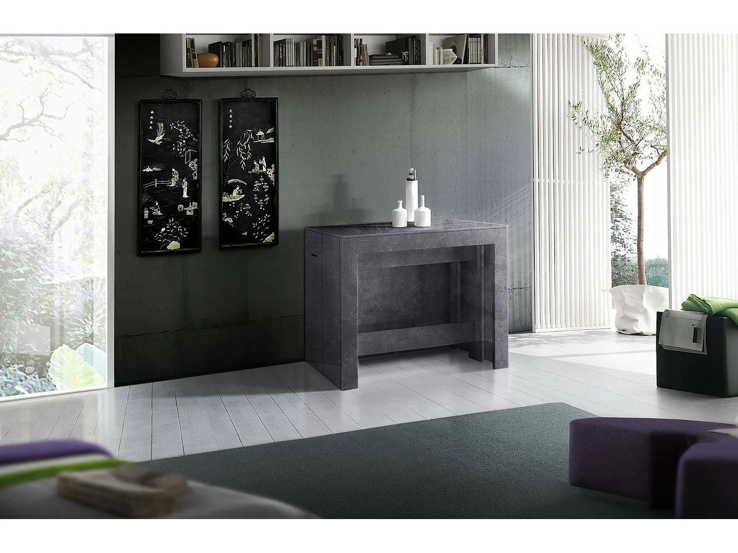 Consola extensible Martino, Consola extensible hasta 12 asientos, Mesa con soportes extensibles, 100% Made in Italy, 51/300x90h77 cm, Pizarra