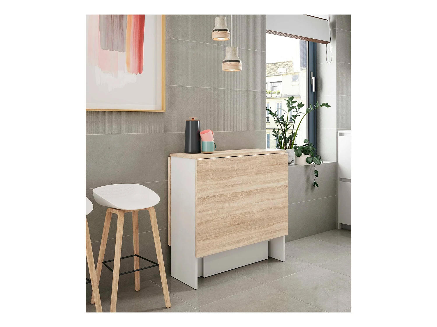 Mesa extensible Toledo, Mesa de comedor plegable con tapa abatible, Mesa auxiliar plegable, 31x77h78 cm, Blanco y Roble