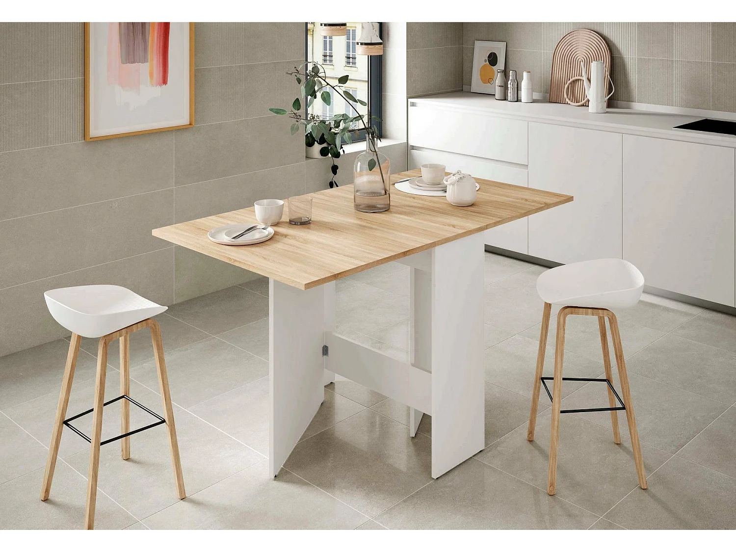 Table extensible Toledo, Table à manger pliante avec plateau rabattable, Table d'appoint pliable, 31x77h78 cm, Blanc et Chêne