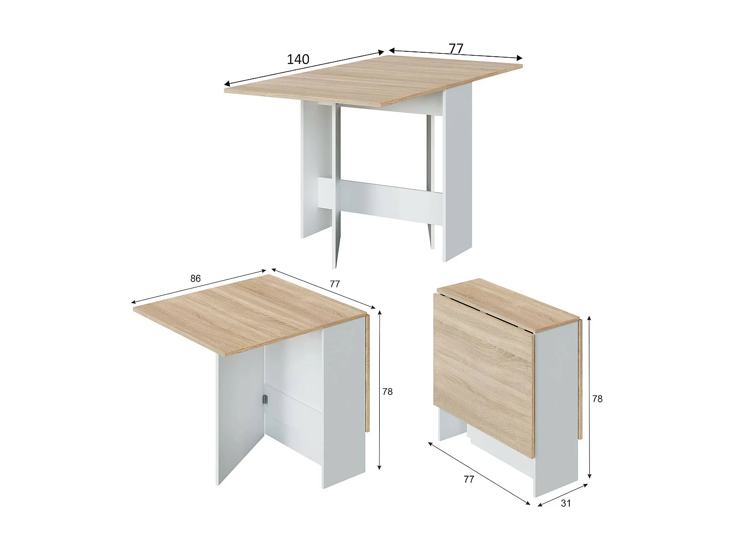 Mesa extensível Toledo, Mesa de jantar dobrável com tampo dobrável, Mesa auxiliar dobrável, 31x77h78 cm, Branco e Carvalho