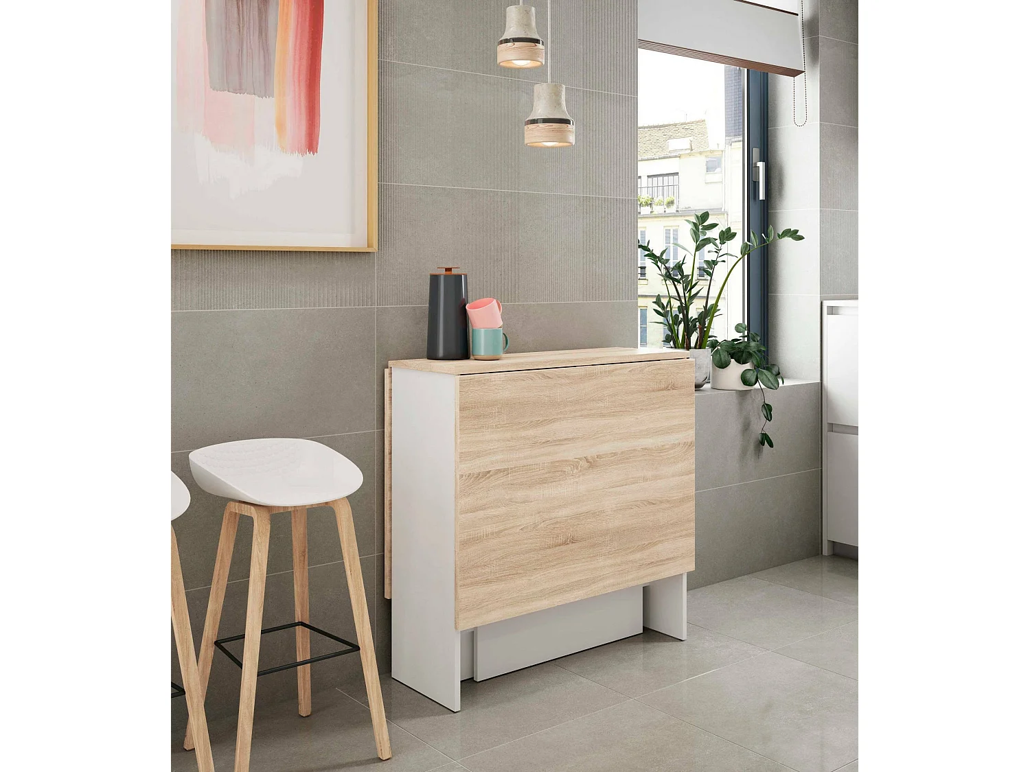 Toledo uitschuifbare tafel, Opklapbare eettafel met opklapbaar blad, Opvouwbare bijzettafel, 31x77h78 cm, Wit en Eiken