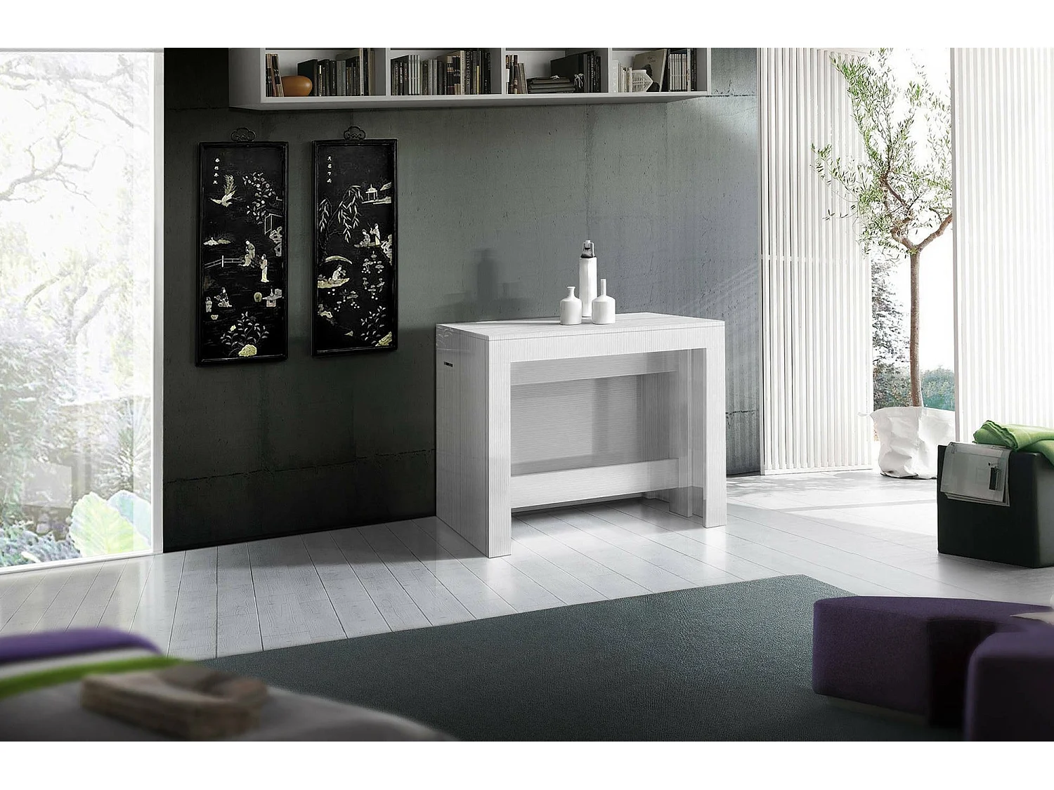 Martino uitschuifbare console, Uitschuifbare console tot 12 zitplaatsen, Tafel met verlenghouders, 100% Made in Italy, 51/300x90h77 cm, Glanzend wit lariks