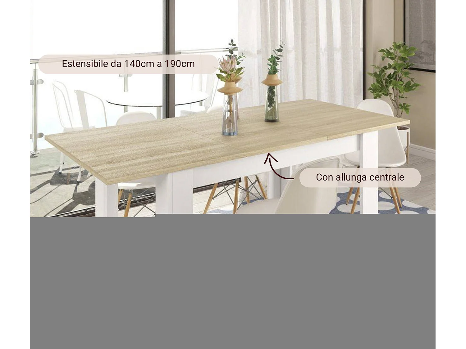 Table extensible Midland, Console extensible pour salle à manger, Table de cuisine ouvrant avec rallonge, 140/190x90h78 cm, Chêne et Blanc