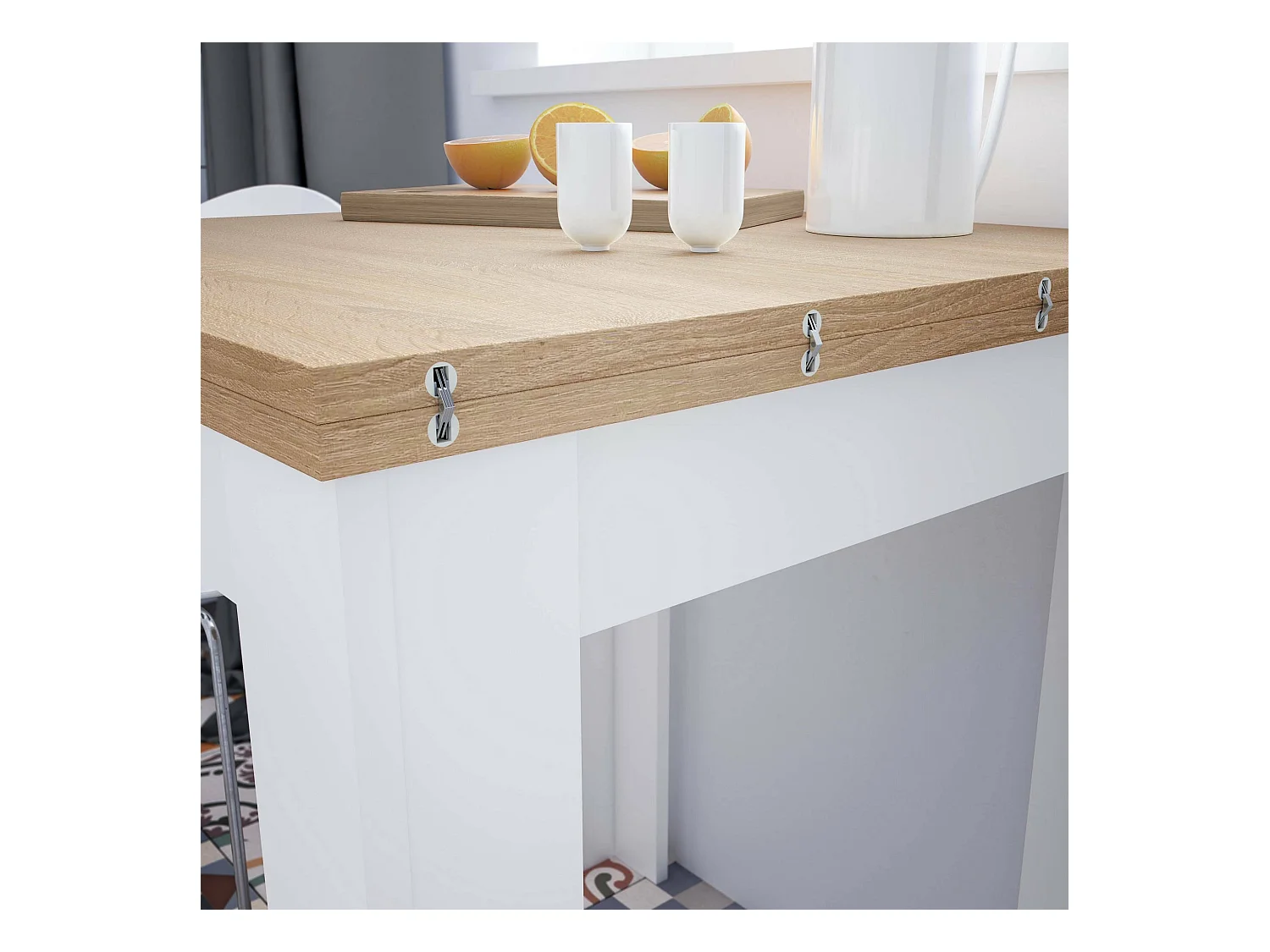 Mesa extensible Newark, Estante de comedor plegable con apertura para libros, Mesa auxiliar plegable, 67x67/135h79 cm, Blanco y Roble