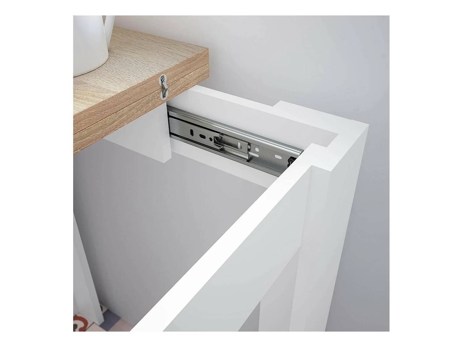 Mesa extensible Newark, Estante de comedor plegable con apertura para libros, Mesa auxiliar plegable, 67x67/135h79 cm, Blanco y Roble