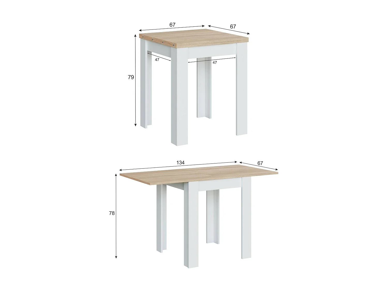 Mesa extensible Newark, Estante de comedor plegable con apertura para libros, Mesa auxiliar plegable, 67x67/135h79 cm, Blanco y Roble