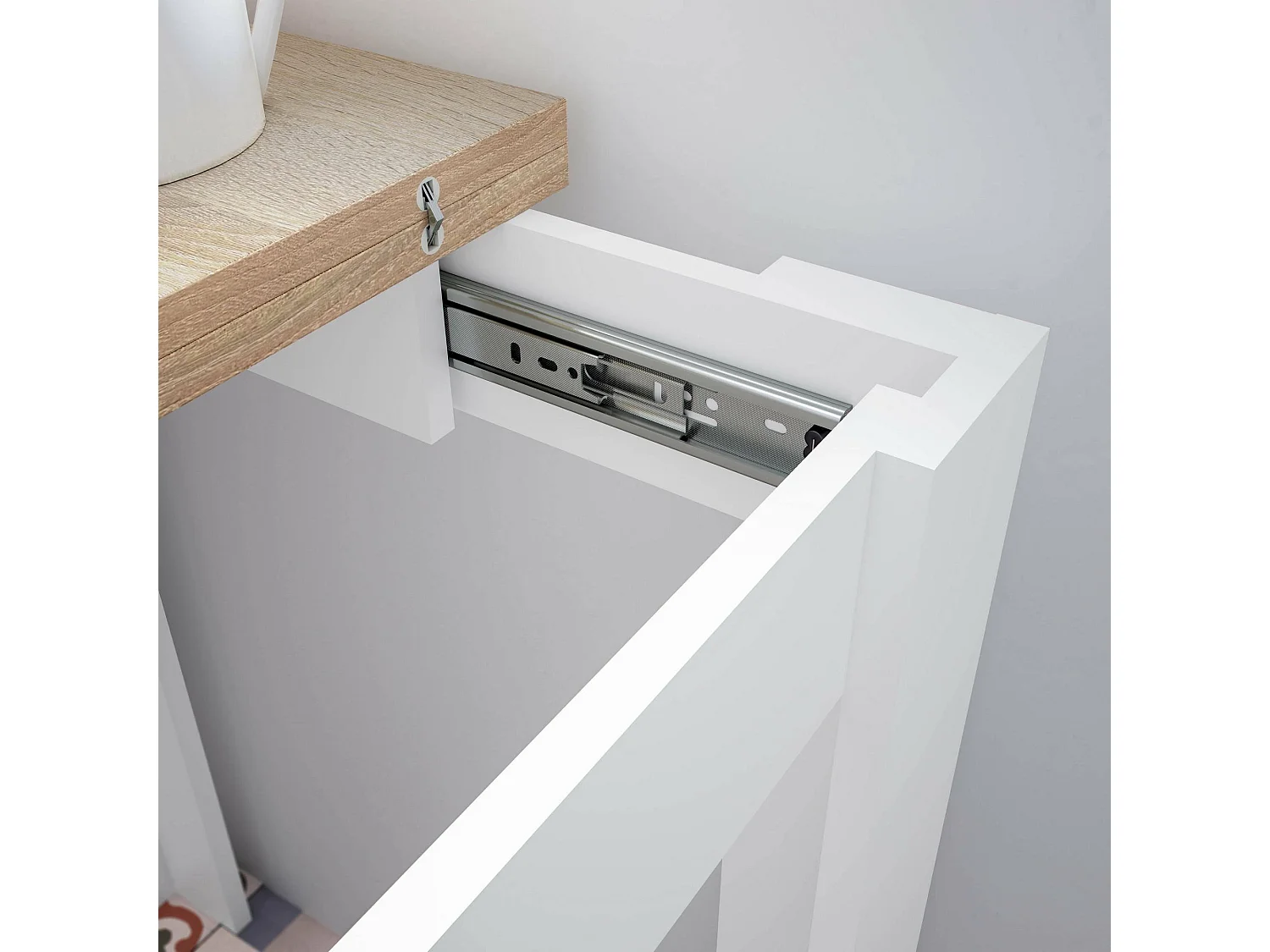 Mesa extensível Newark, Prateleira de jantar dobrável com abertura para livros, Mesa auxiliar dobrável, 67x67/135h79 cm, Branco e Carvalho