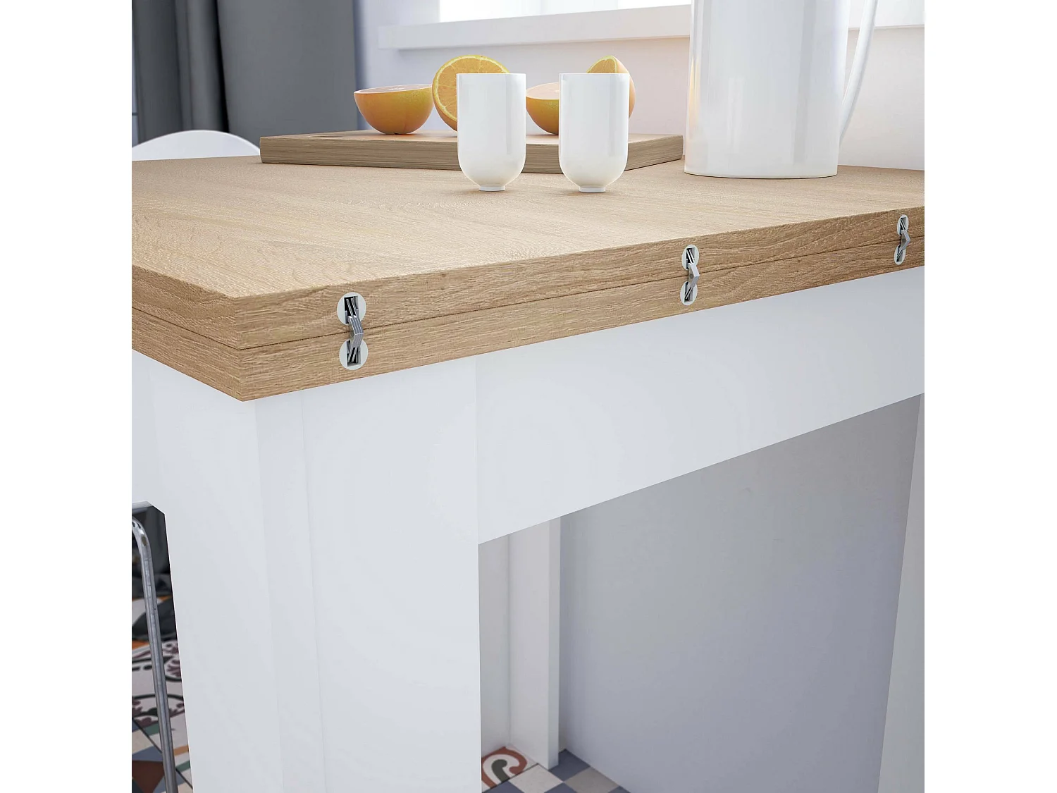 Table extensible Newark, Etagère à manger pliante avec ouverture pour livre, Table d'appoint pliable, 67x67/135h79 cm, Blanc et Chêne