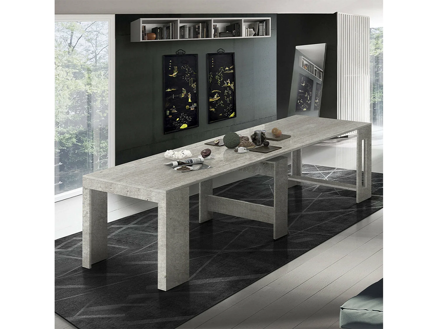Console extensible Martino, Console extensible jusqu'à 12 places, Table avec supports d'extension, 100% Made in Italy, 51/300x90h77 cm, Ciment