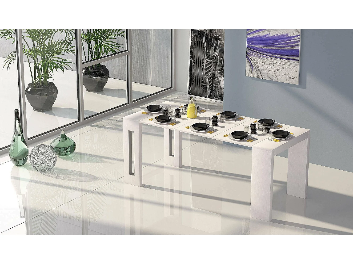 Glicine uitschuifbare console, Uitschuifbare eettafel, Multifunctionele console met verlengstukken, 100% Made in Italy, 186x80h76 cm, Wit