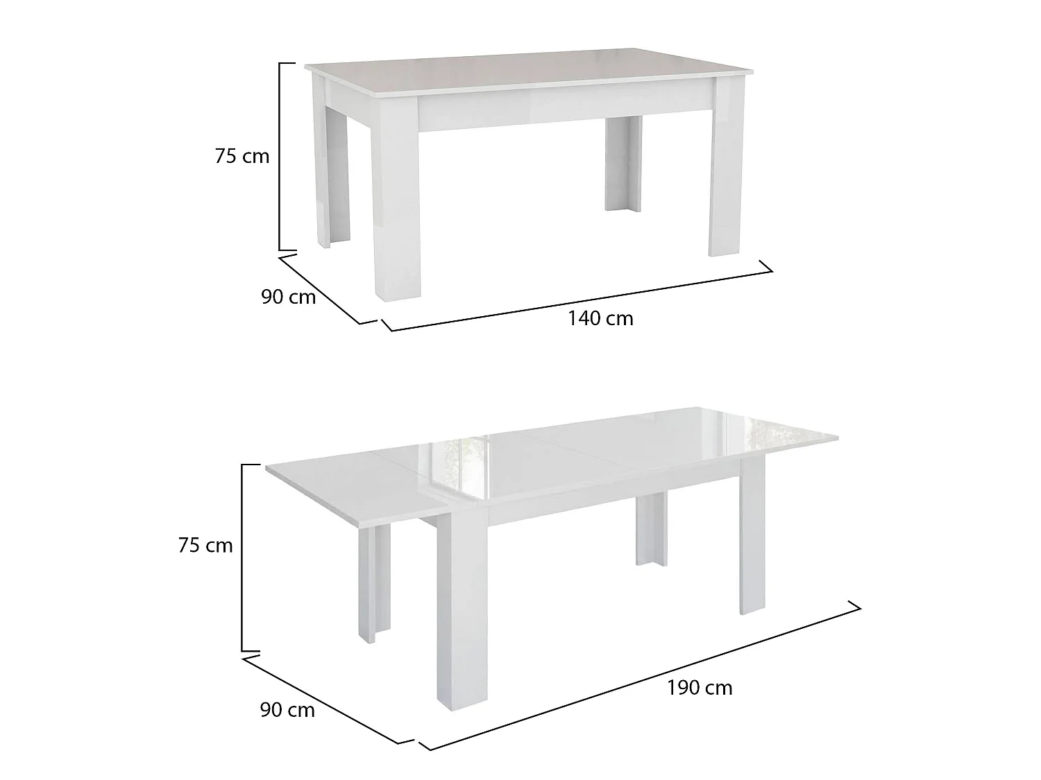Ausziehbarer Tisch Nanni, ausziehbare Konsole für bis zu 10 Sitzplätze, ausziehbare Konsole 100 % Made in Italy, 140/190 x 90 x 75 cm, glänzend weiÃŸ
