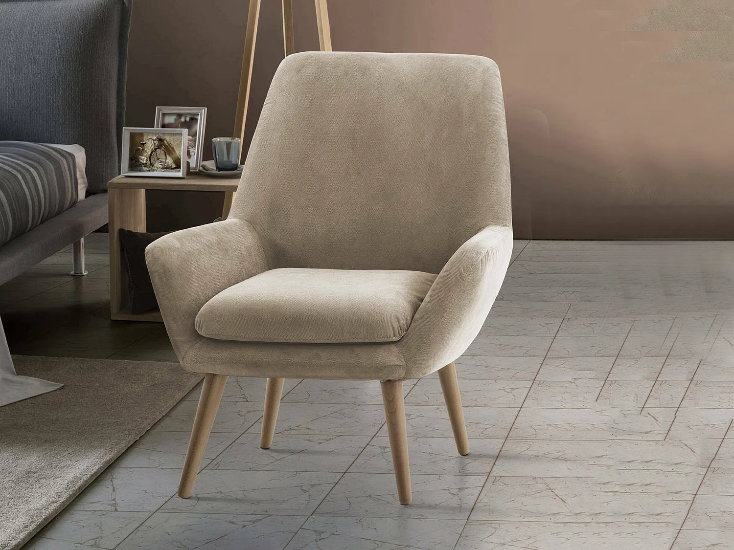 Fauteuil Annarita, fauteuil lounge design, 100% Made in Italy, fauteuil relaxant en tissu rembourré, 80x70h95 cm, Beige