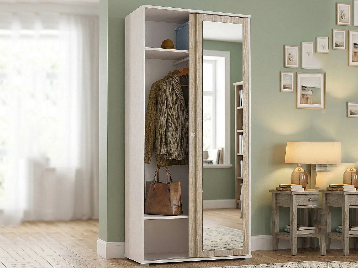 Armoire Tulipano, Armoire avec 2 portes coulissantes et miroir, Armoire avec tringle à vêtements et étagères, 100% Made in Italy, 90x45h195 cm, Chêne et Blanc