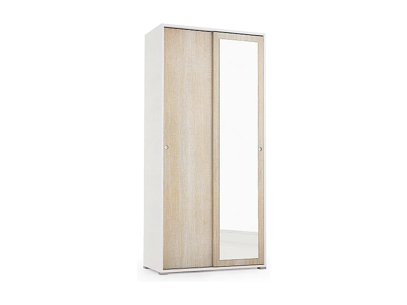 Armario Tulipano, Armario con 2 puertas correderas y espejo, Mueble con barra y estantes, 100% Made in Italy, 90x45h195 cm, Roble y Blanco