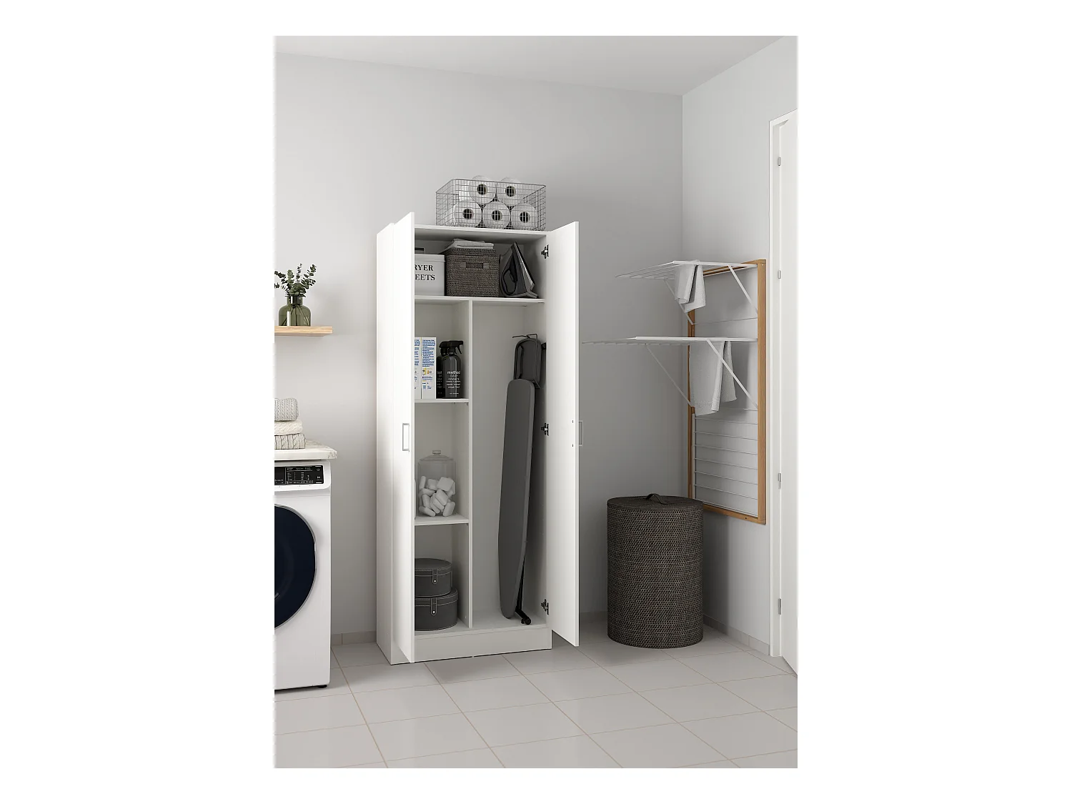 Armoire polyvalente Charleston, Armoire à balais avec 2 portes, Étagère à chaussures avec étagères, Armoire à balais, cm73x37h180 cm, Blanc