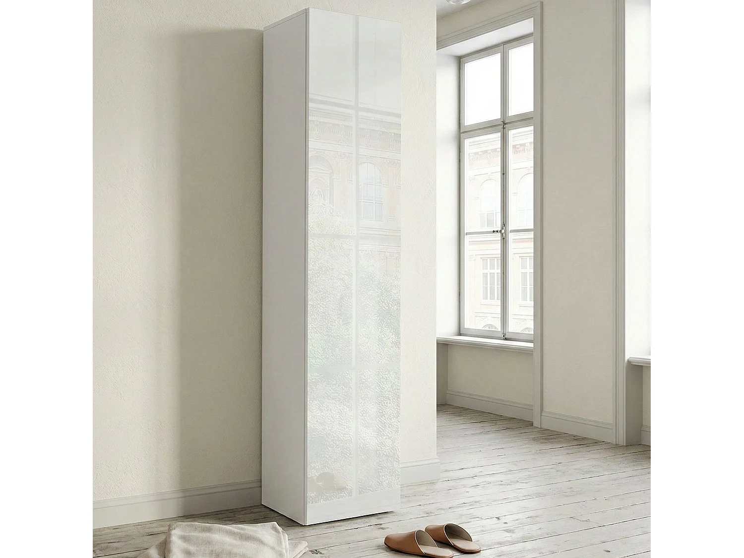 Armoire polyvalente Marco, Étagère à chaussures avec 1 porte et 4 étagères, Armoire multifonctionnelle, 100% Made in Italy, 40x30h180 cm, Blanc brillant
