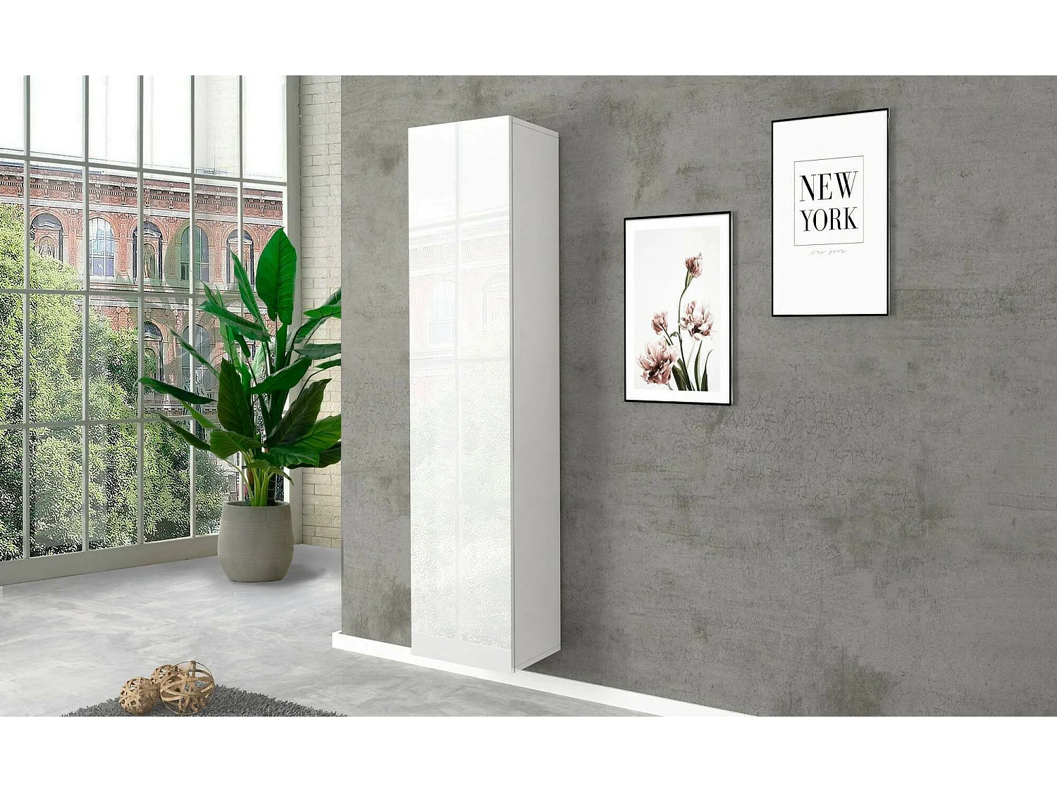 Armoire polyvalente Marco, Étagère à chaussures avec 1 porte et 4 étagères, Armoire multifonctionnelle, 100% Made in Italy, 40x30h180 cm, Blanc brillant