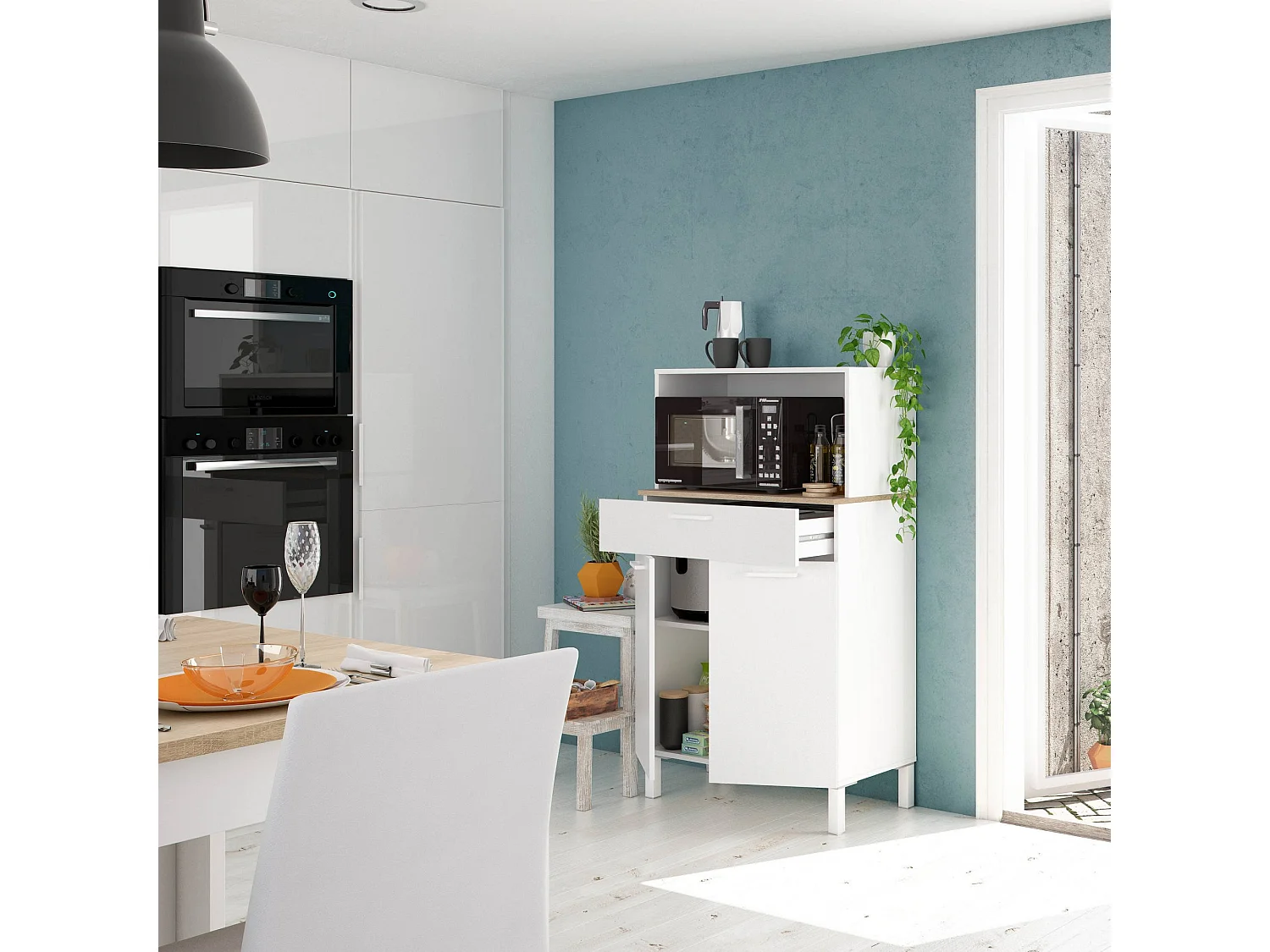 Armoire polyvalente normande, buffet de cuisine 2 portes, armoire auxiliaire polyvalente, armoire moderne, 72x40h126 cm, blanc et chêne