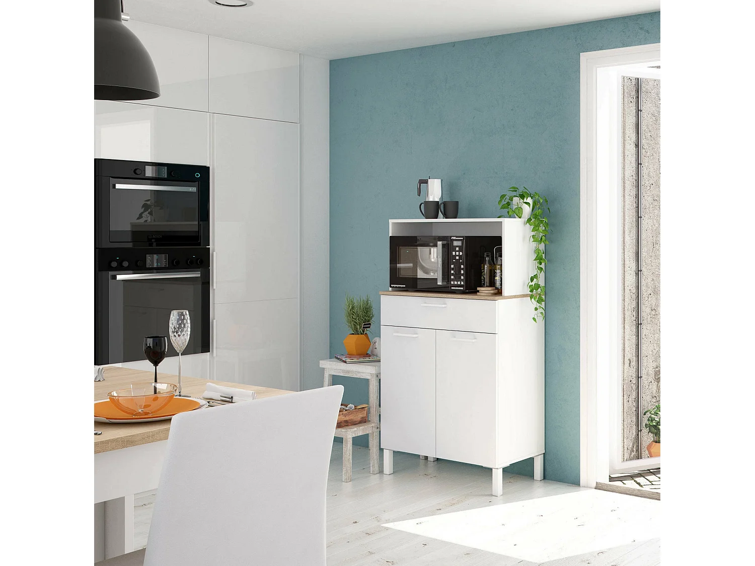 Armadio multiuso Norman, Credenza da cucina a 2 ante, Mobile ausiliario multiuso, Armadio moderno, 72x40h126 cm, Bianco e Rovere