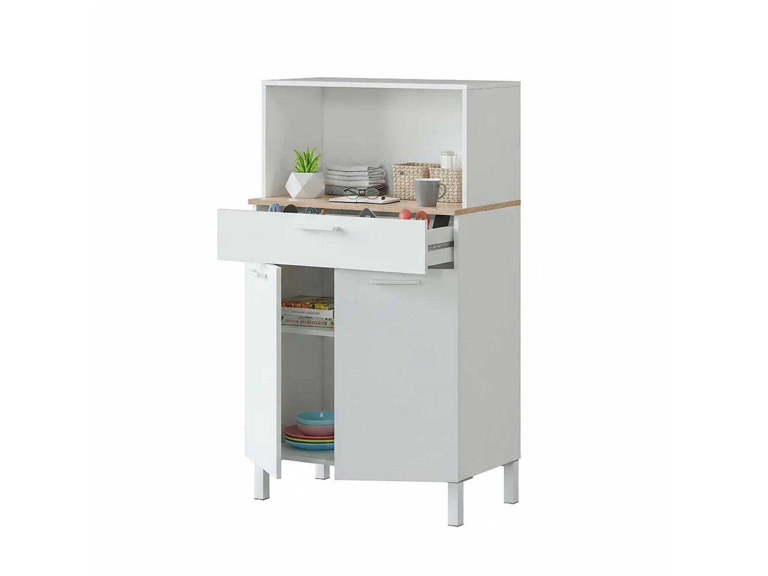 Buffet\ normande, buffet de cuisine 2 portes, armoire auxiliaire polyvalente, armoire moderne, 72x40h126 cm, blanc et chêne