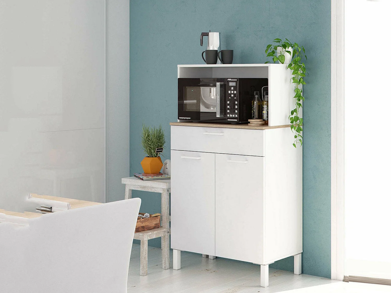 Buffet\ normande, buffet de cuisine 2 portes, armoire auxiliaire polyvalente, armoire moderne, 72x40h126 cm, blanc et chêne