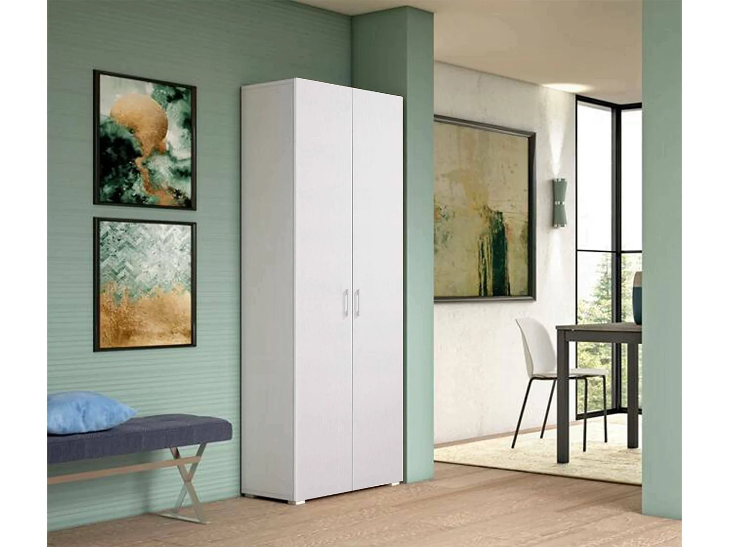 Ginestra multifunctionele kledingkast, Lineaire kast met 2 draaideuren, Kledingkast met 6 planken, Modern schoenenrek, 100% Made in Italy, 72x37h195 cm, Wit