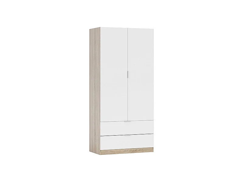 Armoire Burbank, Armoire de chambre avec 2 portes et 2 tiroirs, Armoire avec tringle à vêtements, 82x52h180 cm, Blanc et Chêne