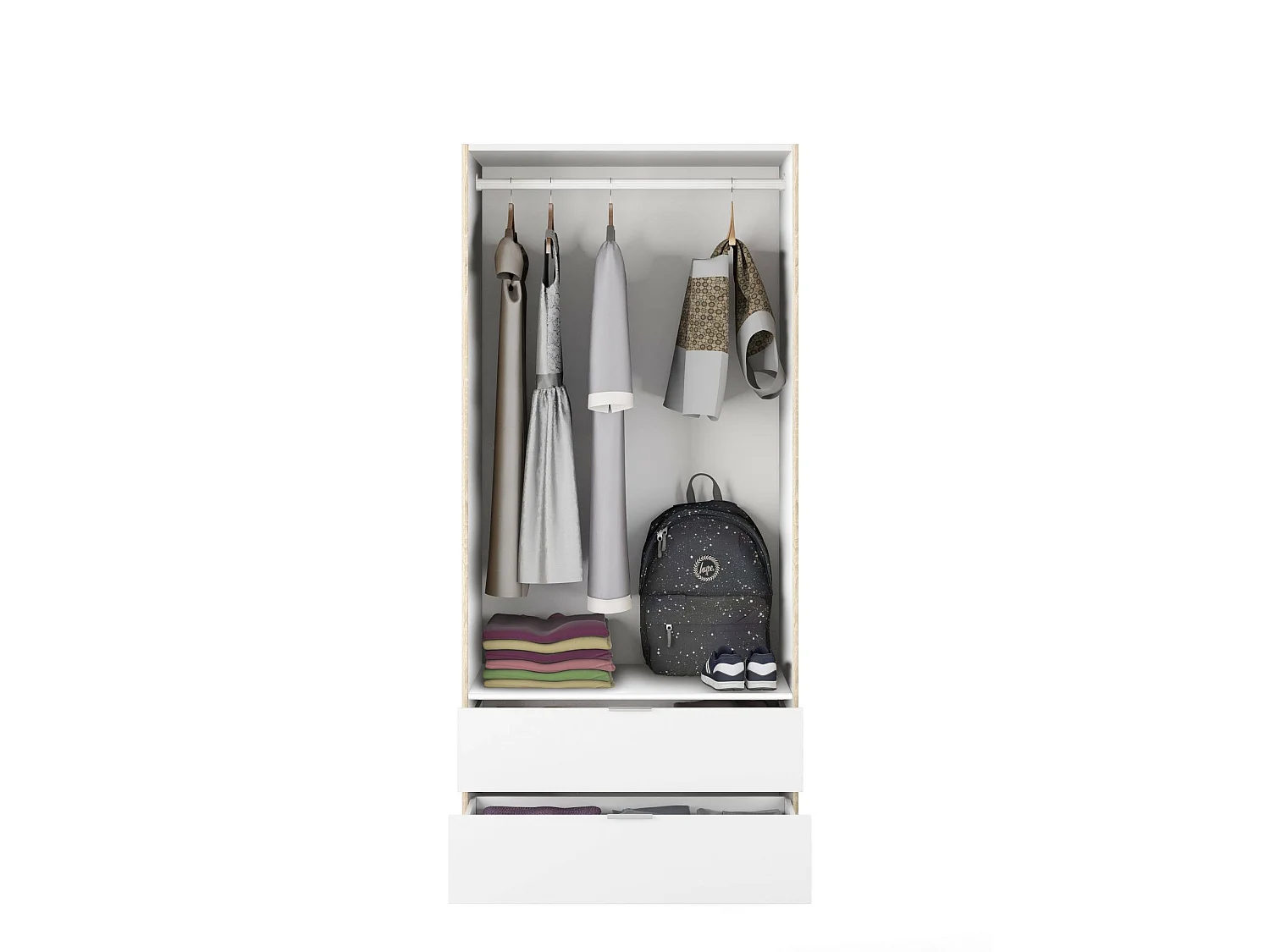 Armoire Burbank, Armoire de chambre avec 2 portes et 2 tiroirs, Armoire avec tringle à vêtements, 82x52h180 cm, Blanc et Chêne