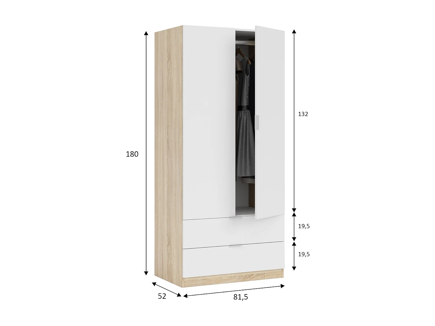 Burbank kledingkast, slaapkamerkast met 2 deuren en 2 laden, kast met hangstang, 82x52h180 cm, wit en eiken