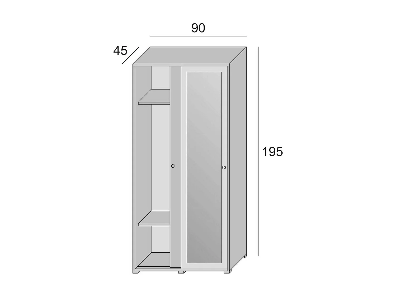 Armário Tulipano, Armário com 2 portas de correr e espelho, Armário com varão e prateleiras, 100% Fabricado em Itália, 90x45h195 cm, Branco