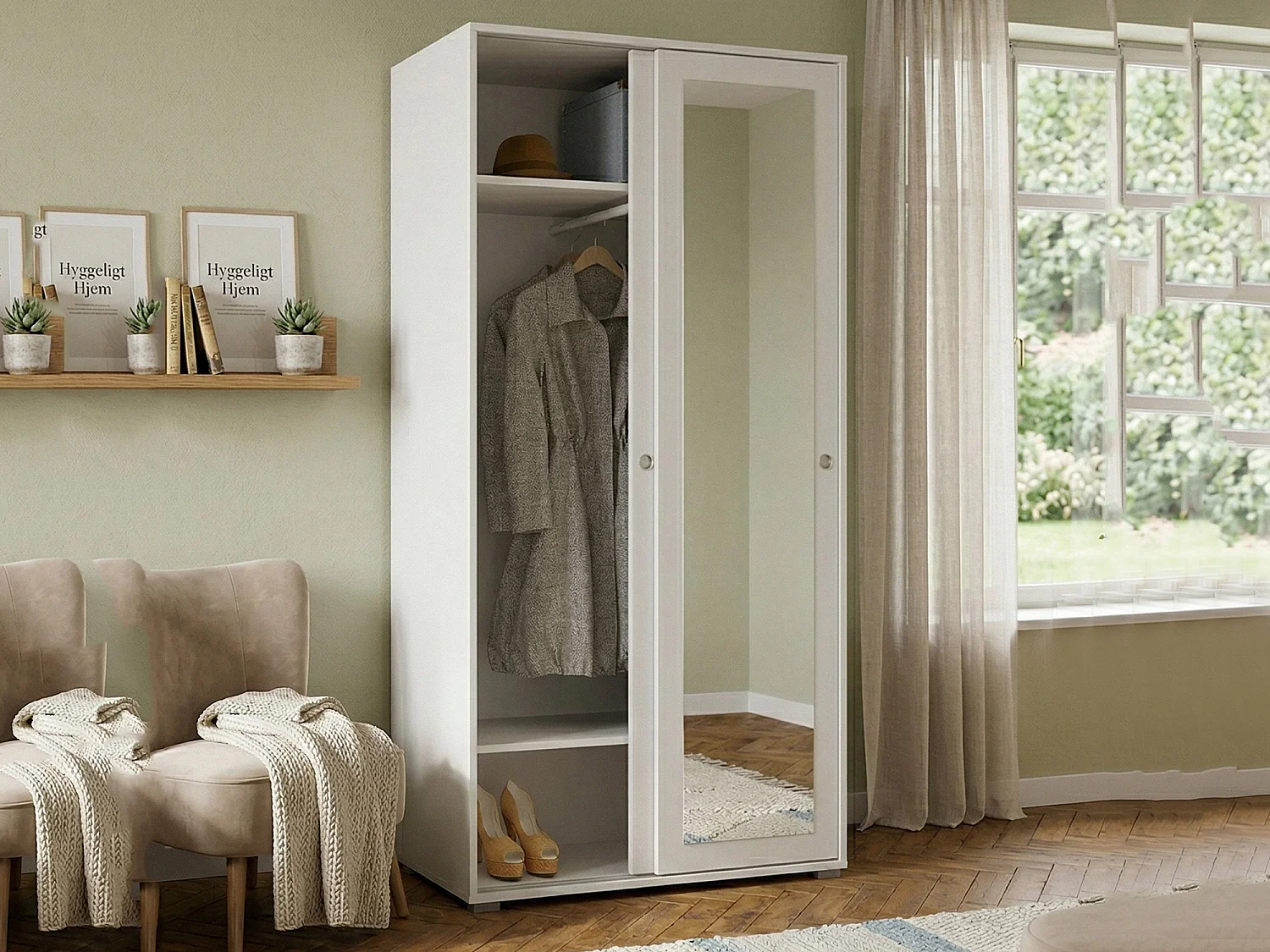 Armoire Tulipano, Armoire avec 2 portes coulissantes et miroir, Armoire avec tringle à vêtements et étagères, 100% Made in Italy, 90x45h195 cm, Blanc