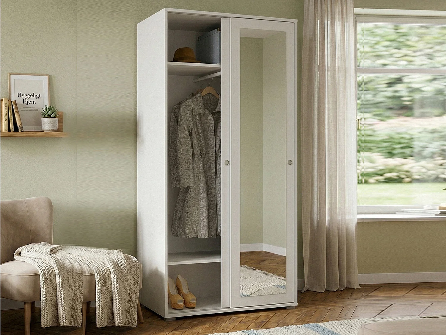 Armoire Tulipano, Armoire avec 2 portes coulissantes et miroir, Armoire avec tringle à vêtements et étagères, 100% Made in Italy, 90x45h195 cm, Blanc