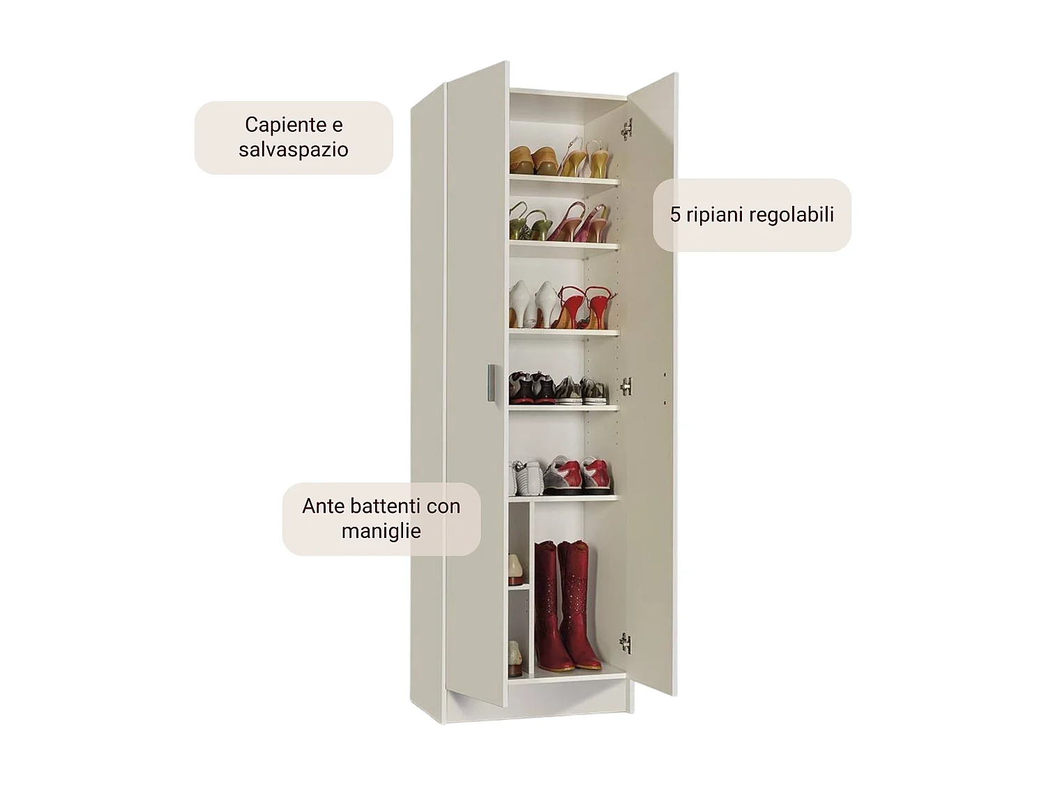 Portsmouth multifunctionele kledingkast, Extra kast met 2 deuren, Moderne schoenenkast, Verticaal schoenenrek, 59x37h180 cm, Wit